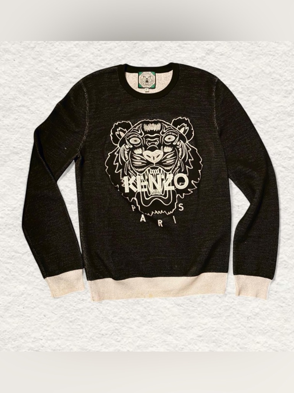 Kenzo Black Crewneck Sweater with Cream Contrast Cuffs